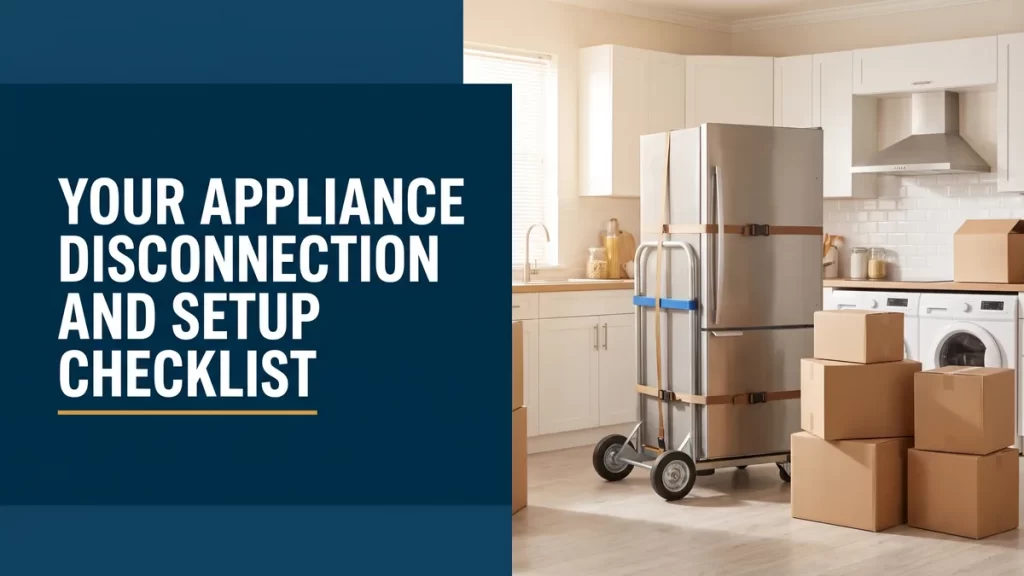 Refrigerator strapped to a dolly amid moving boxes, illustrating an appliance disconnection checklist for moving