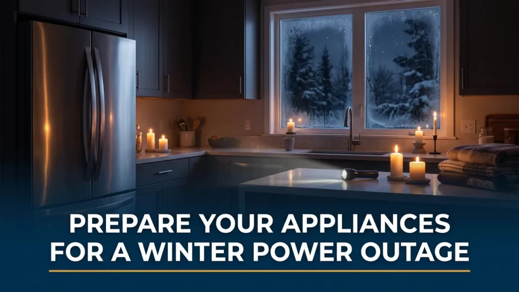 Dim kitchen during a winter outage with a closed fridge, illustrating appliances power outage preparation