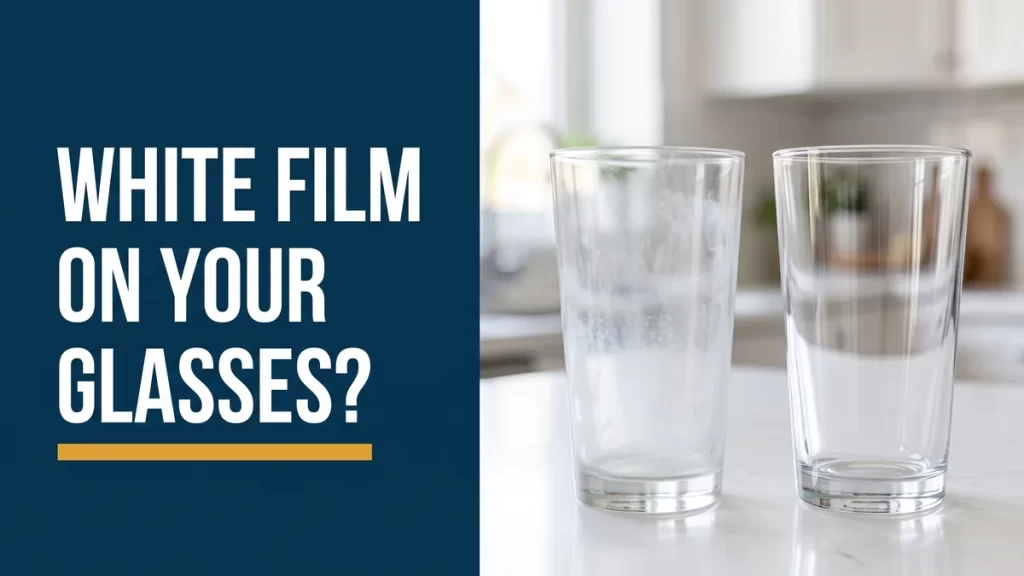 Cloudy versus clear drinking glass showing dishwasher white film on glasses