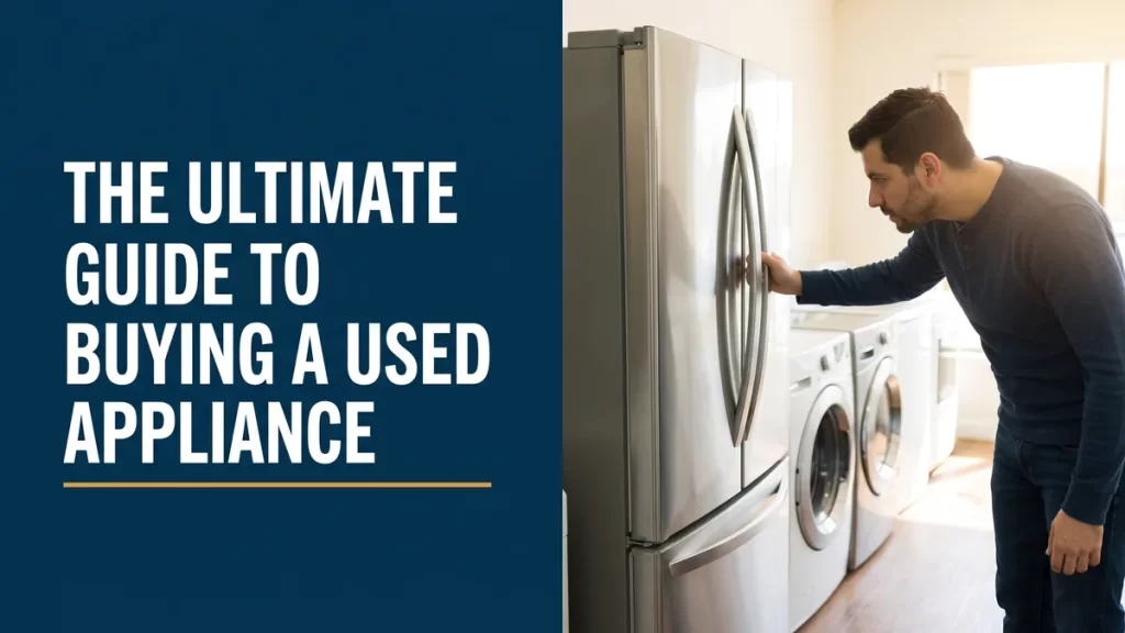 Shopper inspecting a used stainless fridge in a showroom, illustrating a buying used appliances guide
