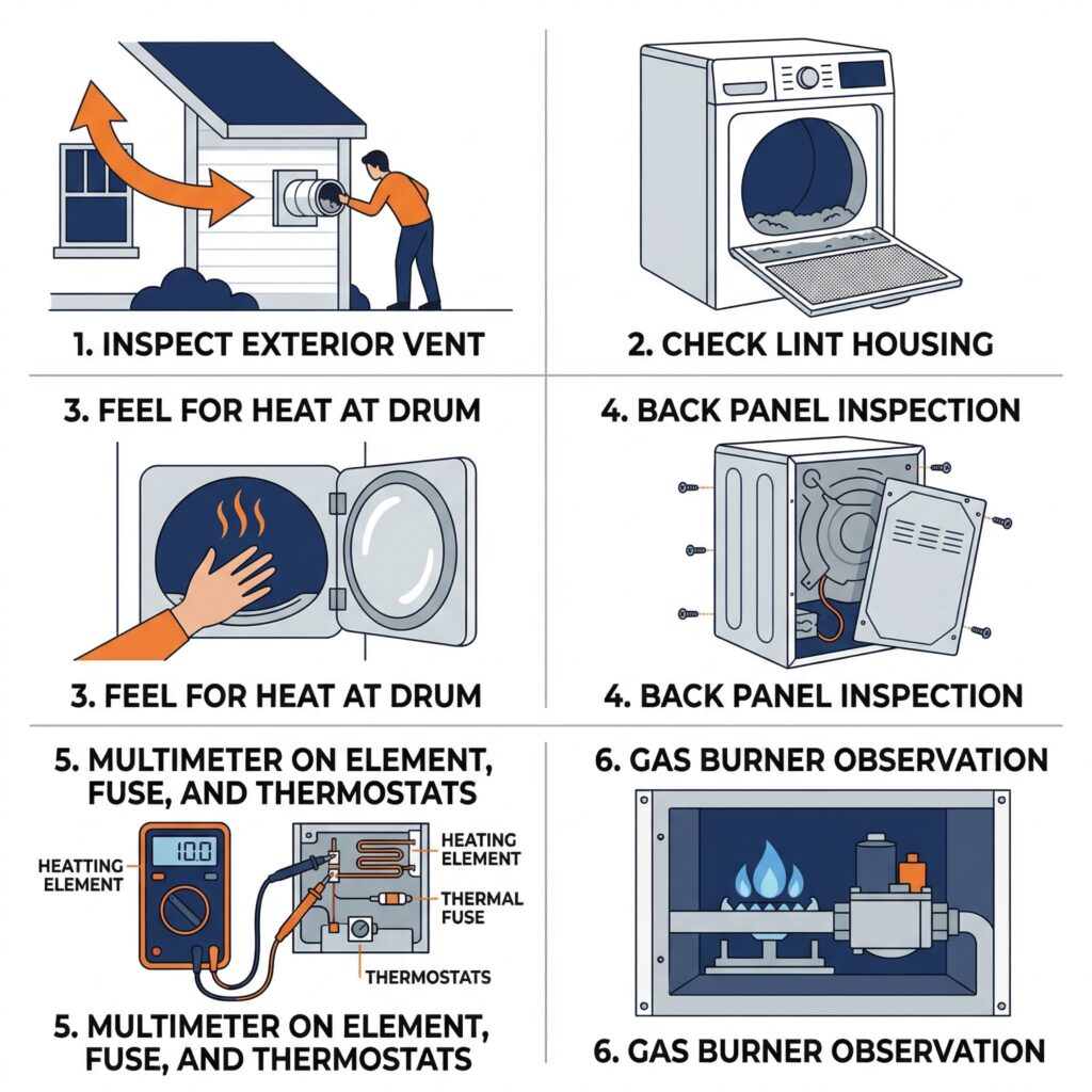 diagnostic steps for dryer not heating