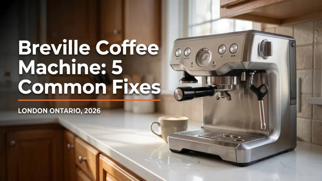Breville coffee machine on a London Ontario kitchen counter, focus keyphrase featured banner