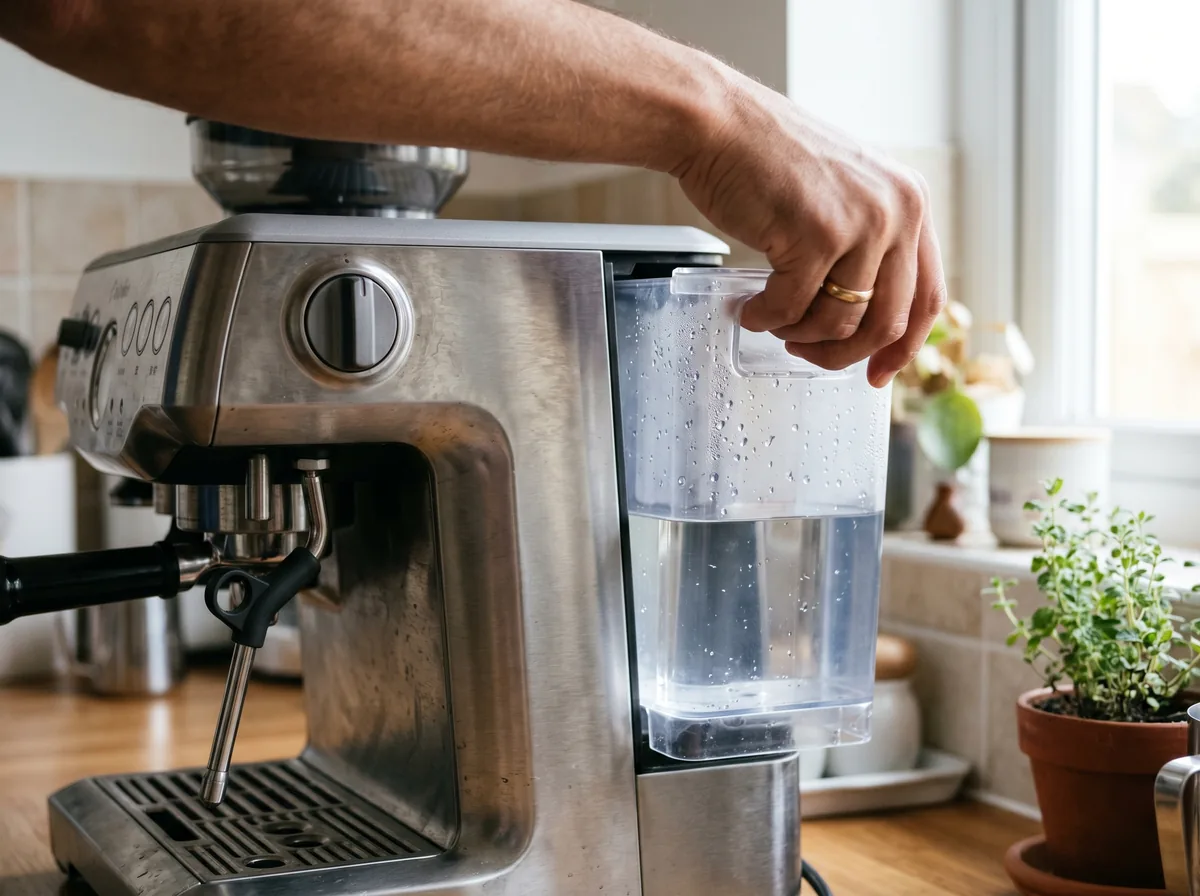 Hand pulling the water tank from a Breville coffee machine to fix no water flow