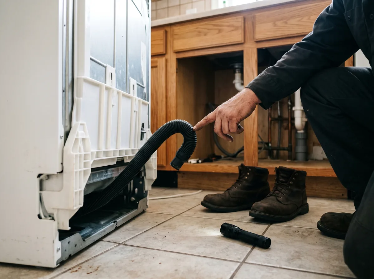 Inspecting a dishwasher drain hose behind the unit for kinks and sags
