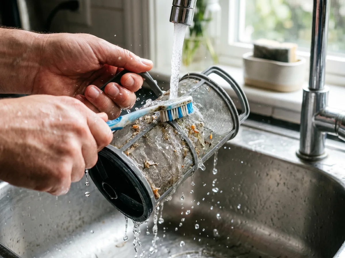 Cleaning a dishwasher filter under hot water with a brush to fix dishwasher not draining