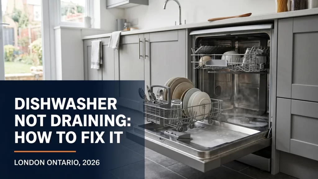 Open dishwasher with standing water in a London Ontario kitchen, dishwasher not draining banner