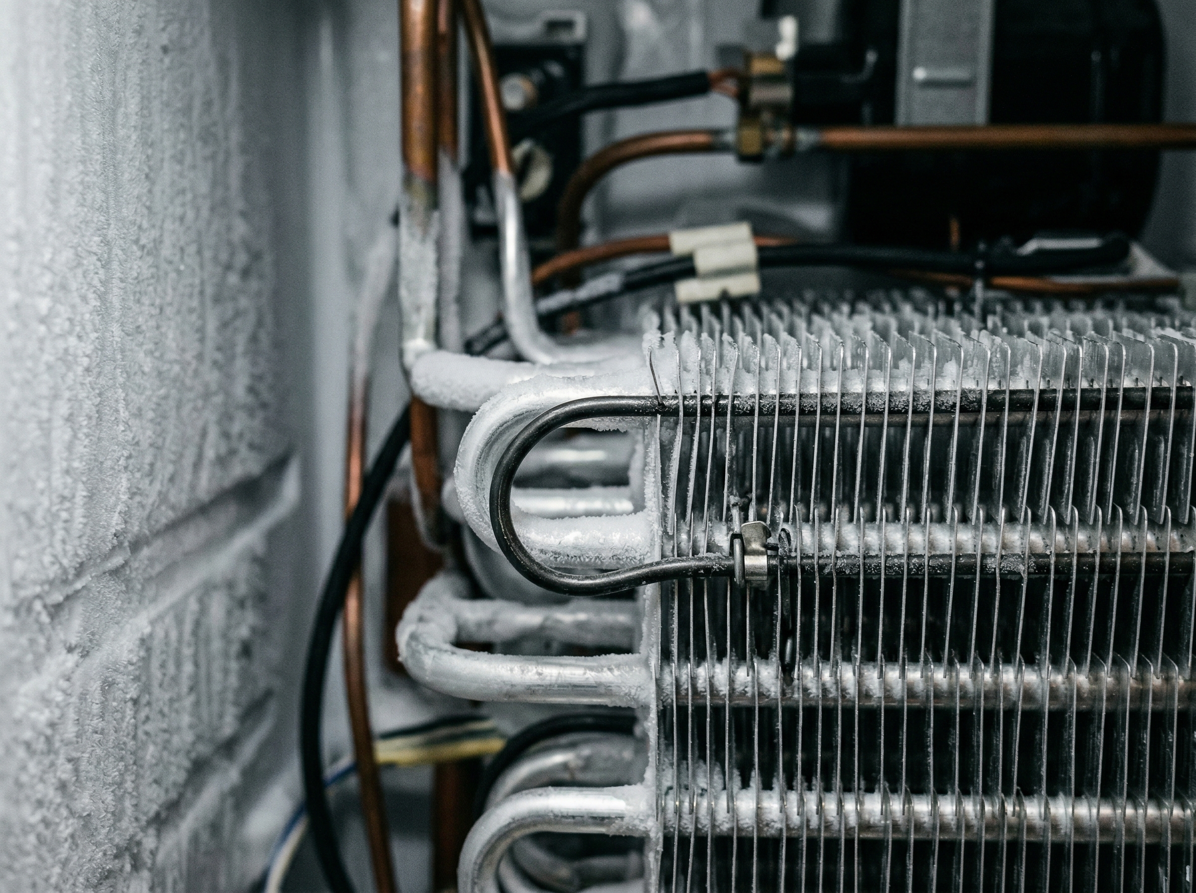 Defrost heater element wrapped around an evaporator coil inside a refrigerator freezer
