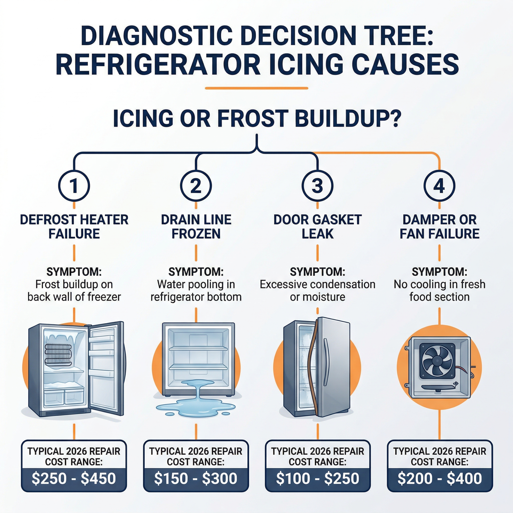 Infographic showing the four root causes of refrigerator icing and 2026 London Ontario repair costs