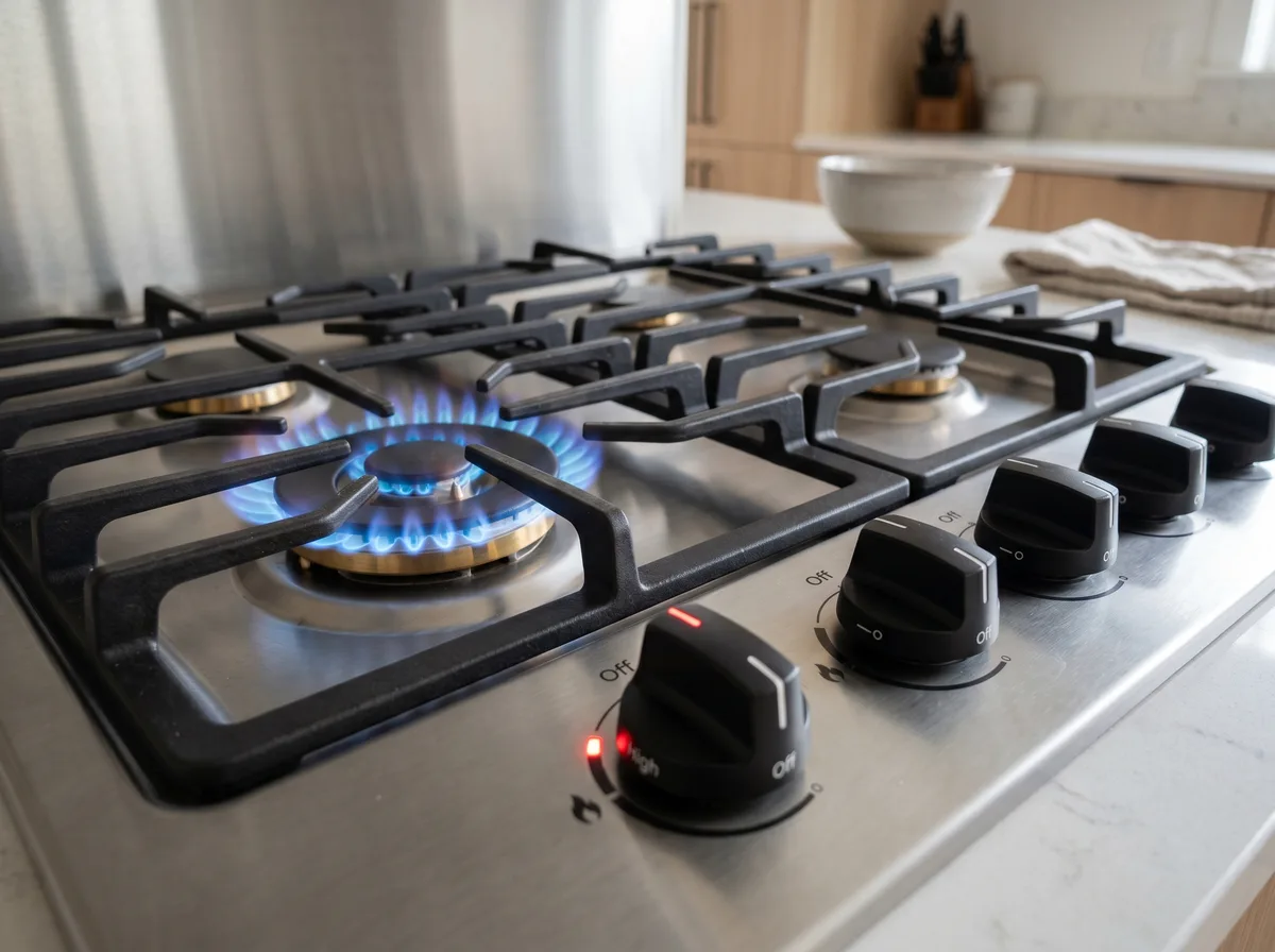 Gas range cooktop with burner knobs and blue flame, stove vs oven repair London Ontario