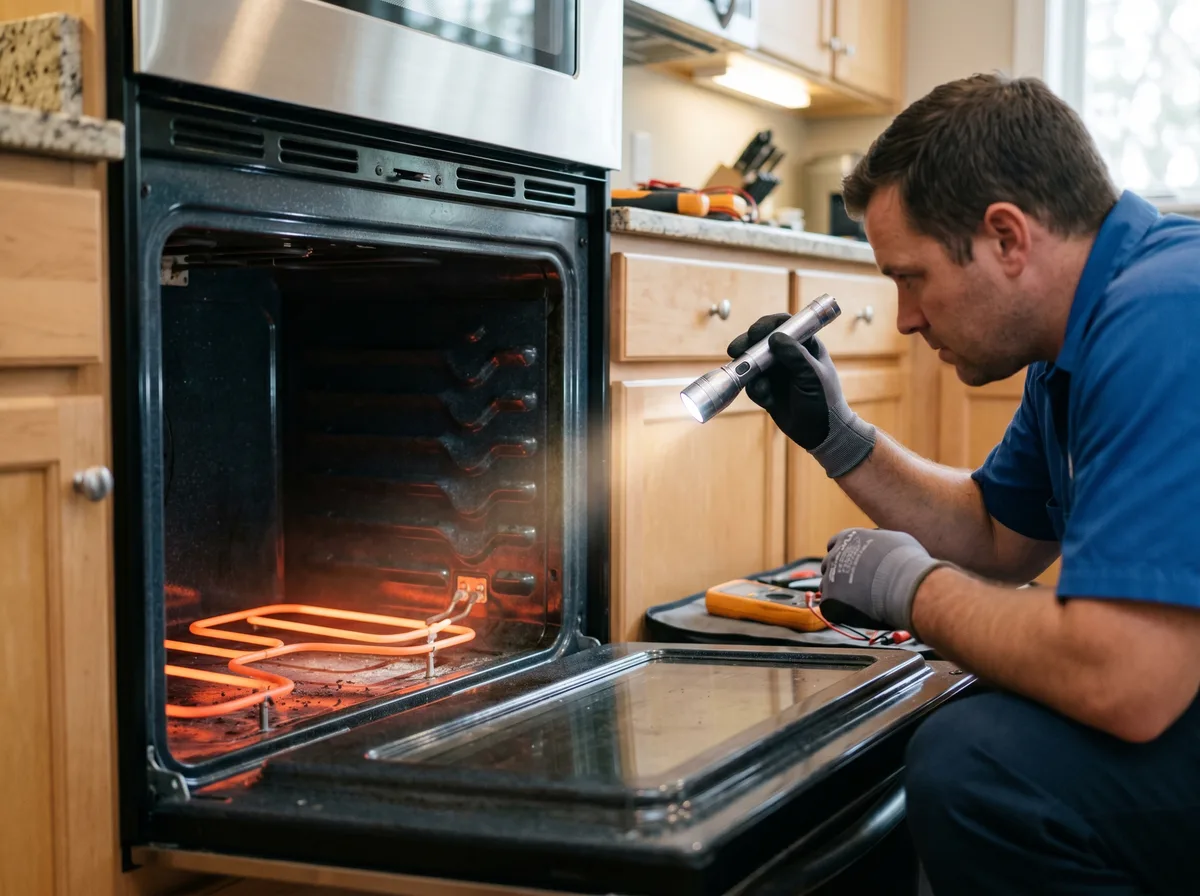 Open oven door showing bake element for oven repair London Ontario