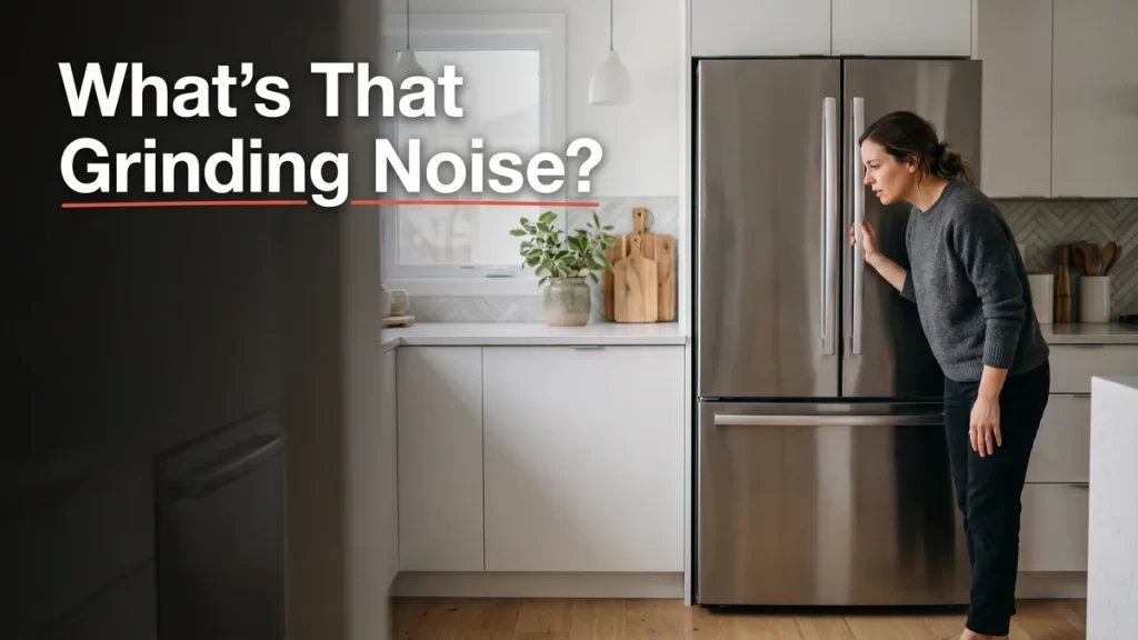 Fridge making a grinding noise, a homeowner listening to a stainless steel refrigerator in a kitchen