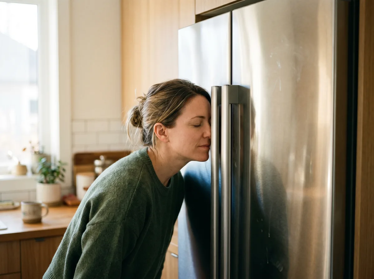 Homeowner in a London Ontario kitchen listening closely to a stainless steel refrigerator