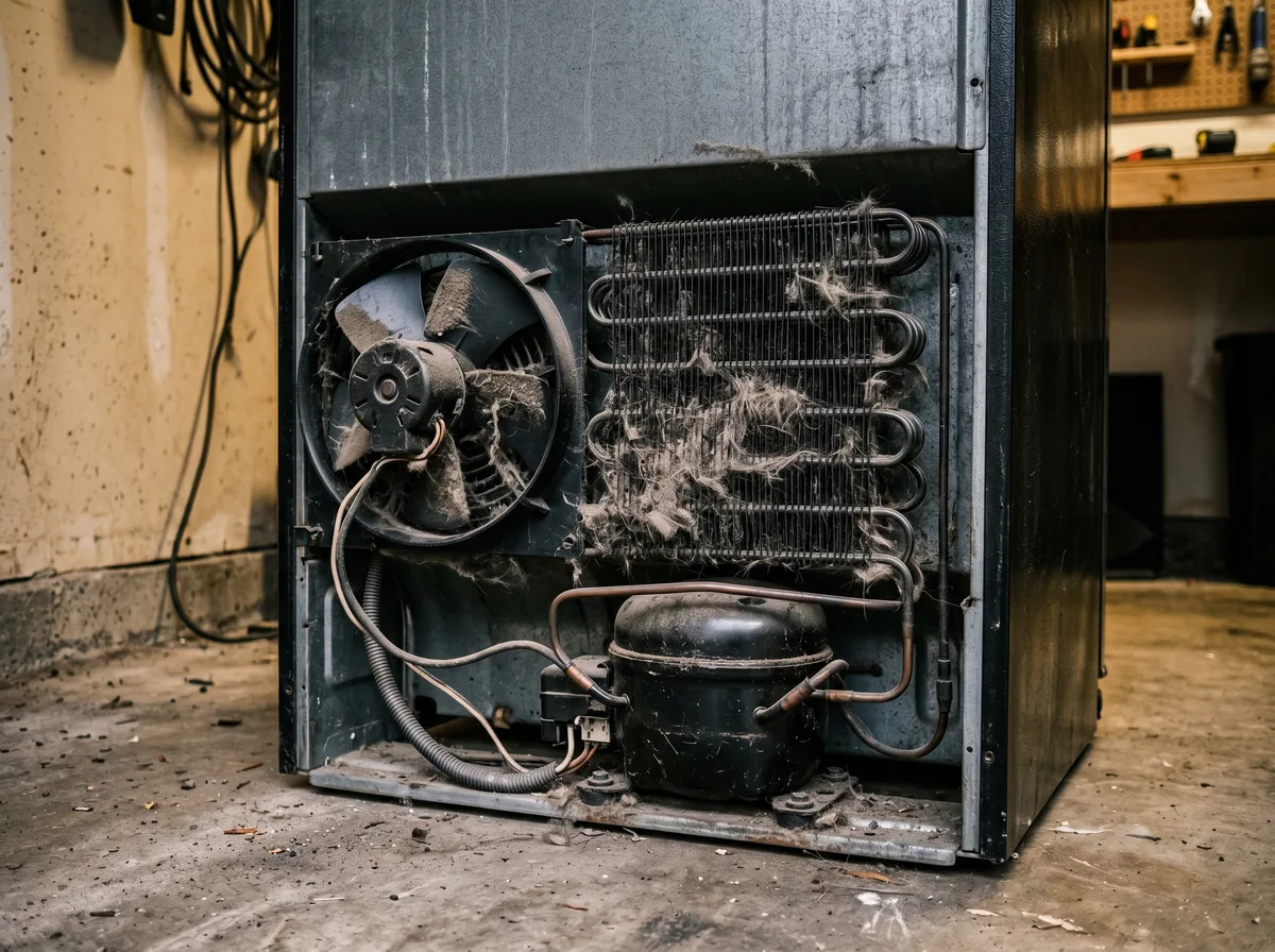 Dusty condenser coils and fan at the back of a refrigerator before cleaning