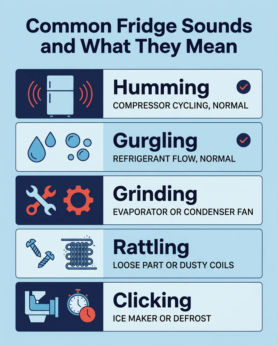 Infographic matching common fridge noises to their likely source: hum, gurgle, grind, rattle, and click