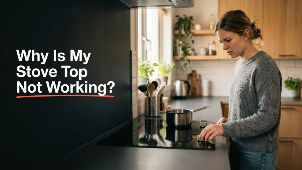 Stove top not working, a homeowner looking puzzled at an electric cooktop in a modern kitchen