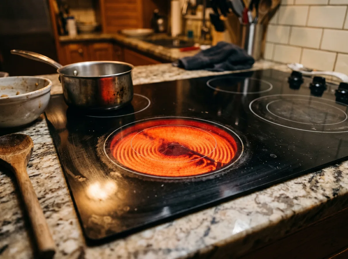 Close-up of a glass-top electric cooktop with one element glowing red and the others off