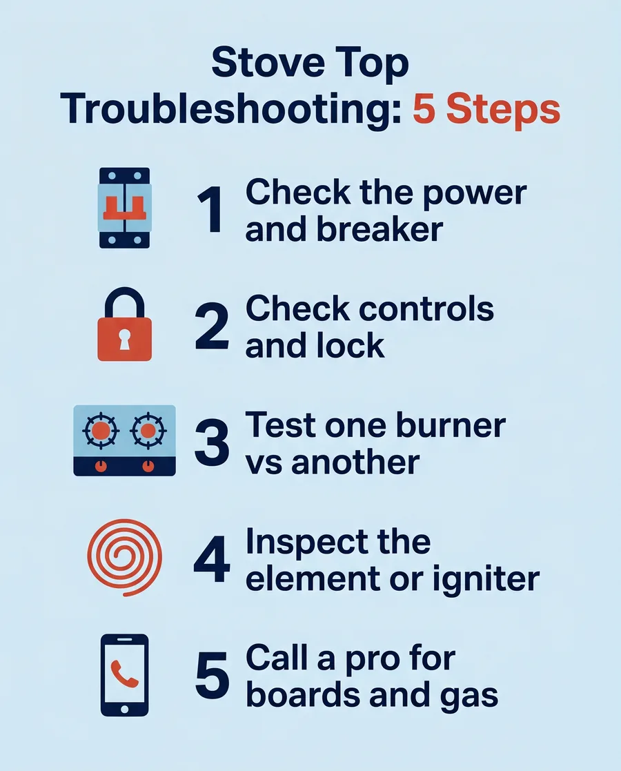 Infographic showing a five-step stove top troubleshooting checklist from power to control board