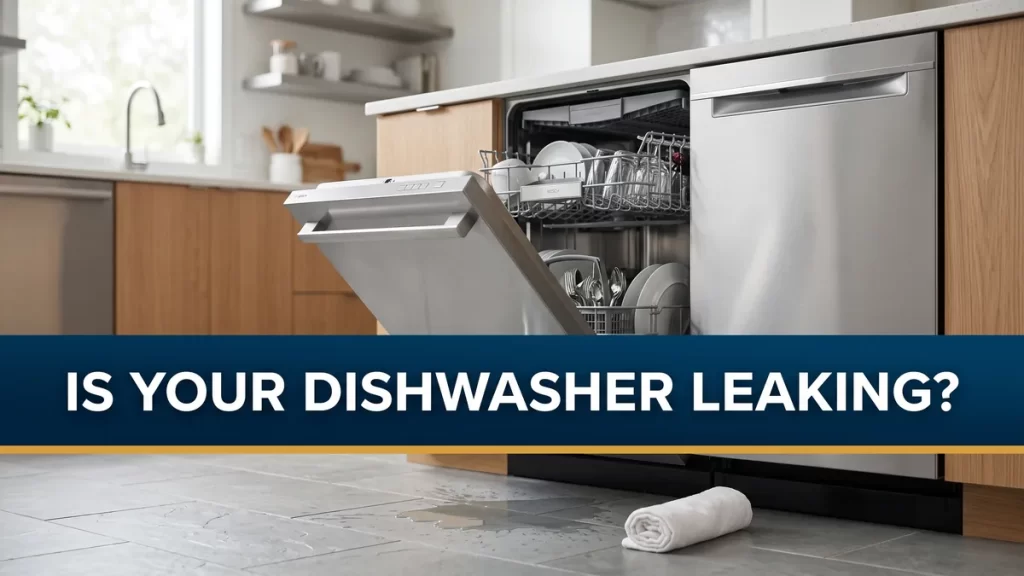 A dishwasher leaking from bottom onto a kitchen floor, the focus of this St. Thomas repair guide