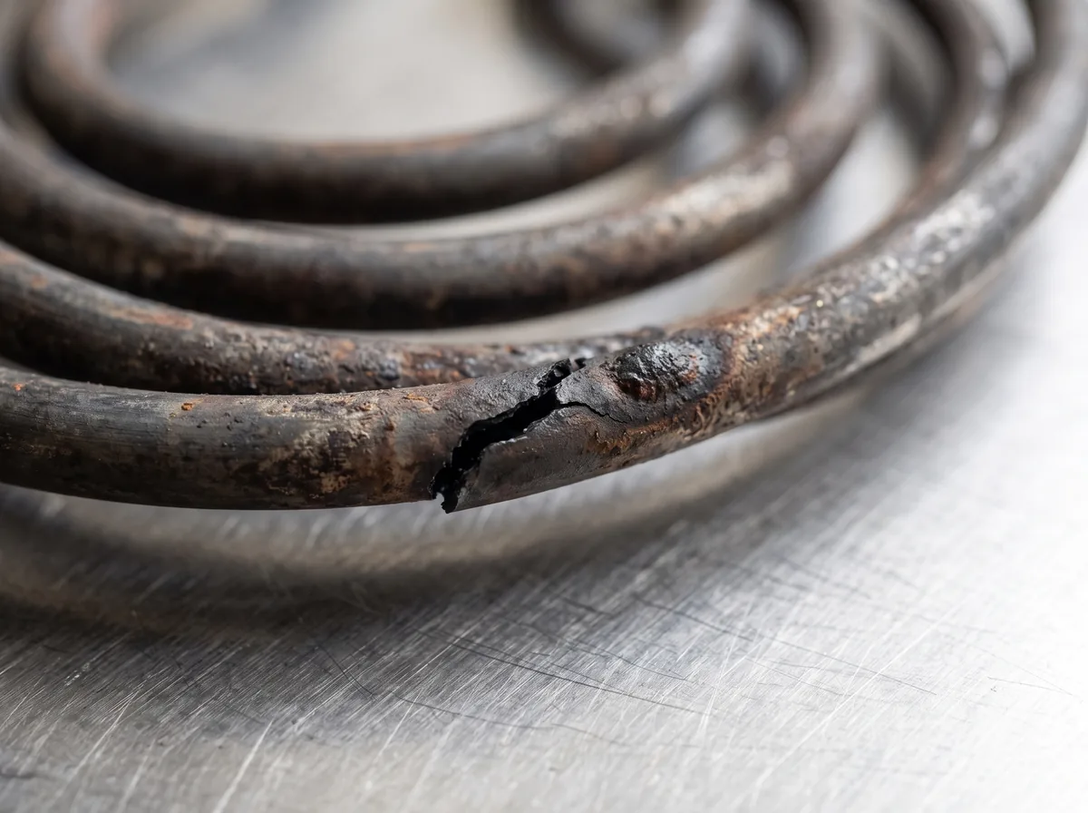 Signs of a bad oven bake element: a cracked and blistered heating coil